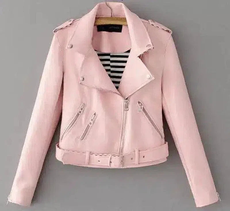 Womens Zippered Faux Leather Jacket-Pink-3