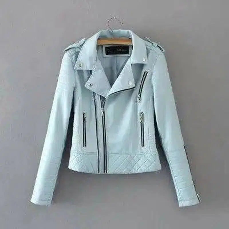 Women's Faux Leather Biker Jacket-blue-2