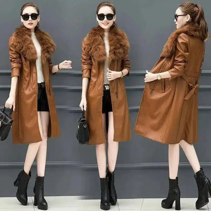 Faux Fur Collar Women's Leather Trench Coat-Caramel colour-1