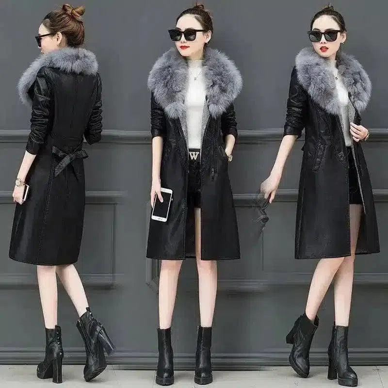 Faux Fur Collar Women's Leather Trench Coat-Grey-2