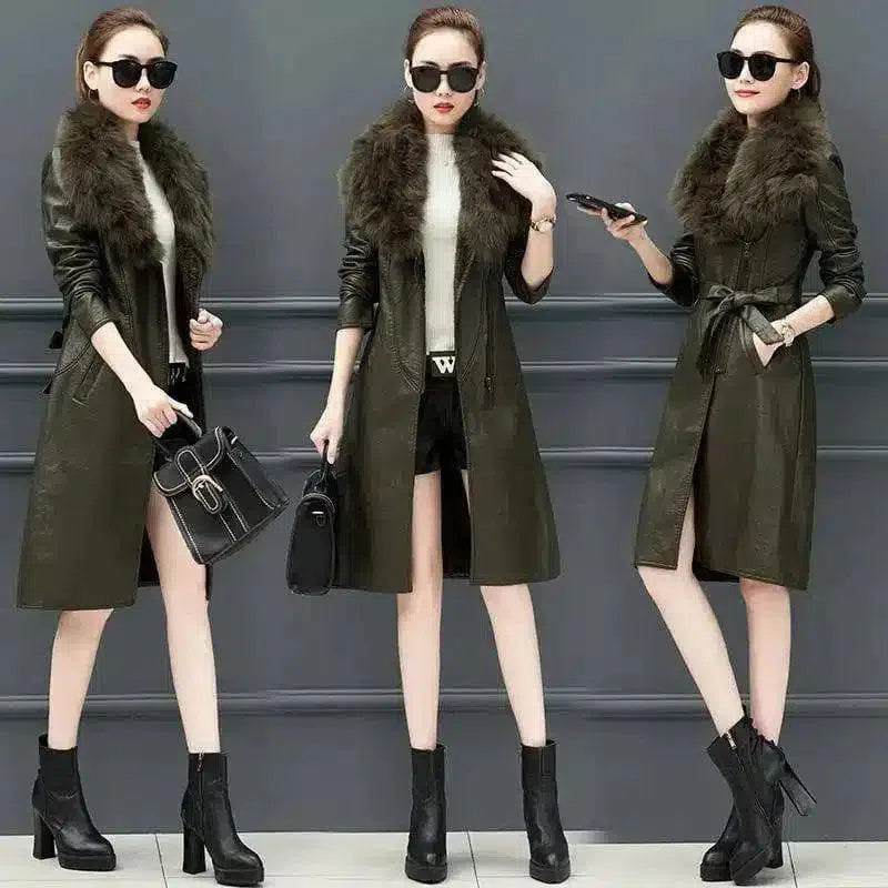 Faux Fur Collar Women's Leather Trench Coat-Army Green-3