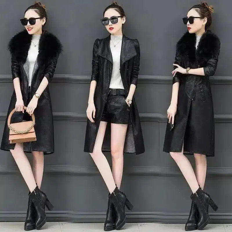 Faux Fur Collar Women's Leather Trench Coat-Black-4