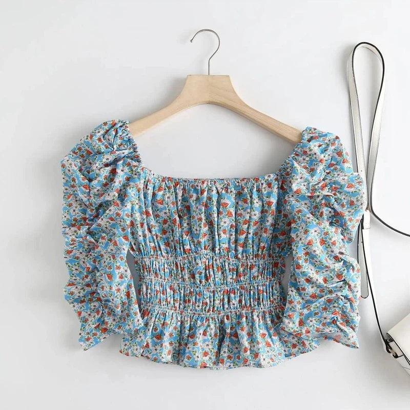 Women's Floral Smocked Puff Sleeve Top-Blue-4