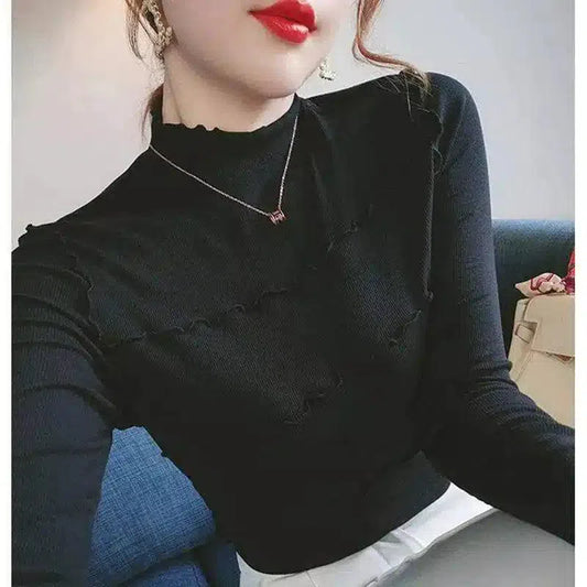 Women's Ripped Turtleneck Sweater Long Sleeve-Black-1