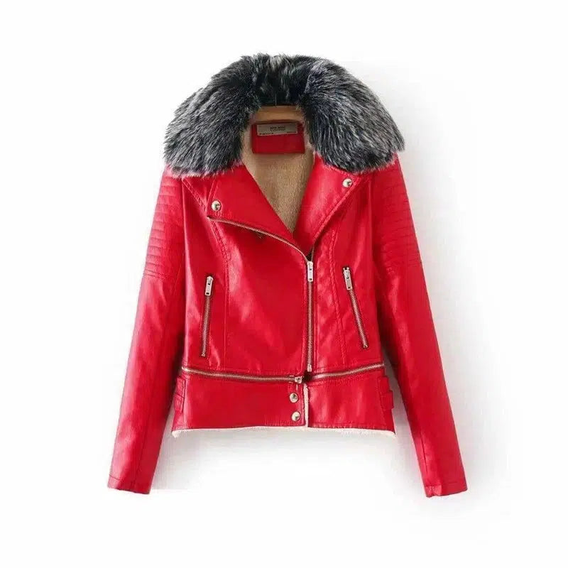 Fur Collar Leather Jacket-Red-3