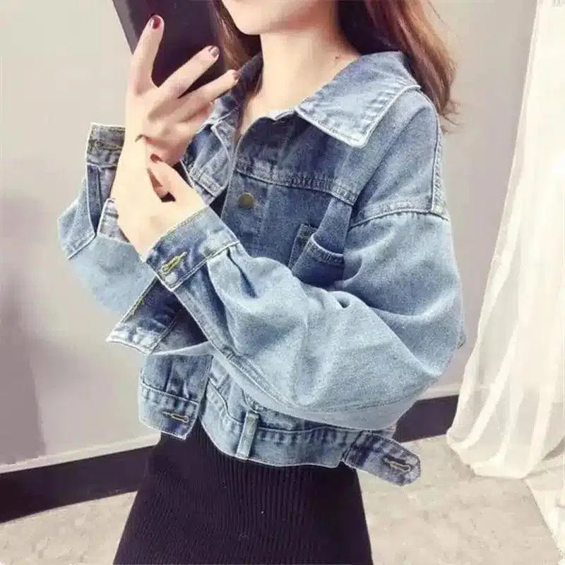 Women's Casual Distressed Denim Jacket-Light Blue-2