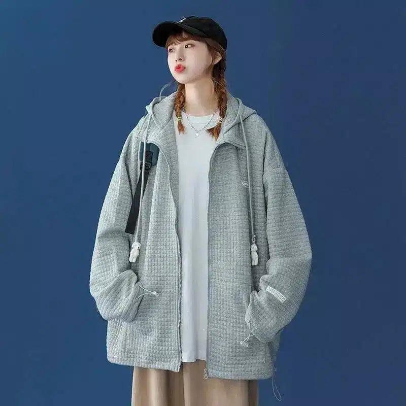 Warm Knit Hooded Jacket with Pockets-Grey-1