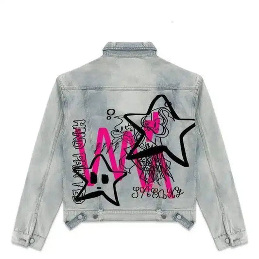 Graphic Print Denim Jacket for Casual Wear-Light Blue-1