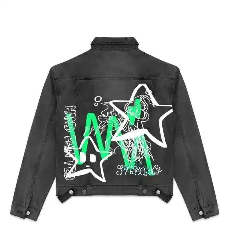 Graphic Print Denim Jacket for Casual Wear-Black-2