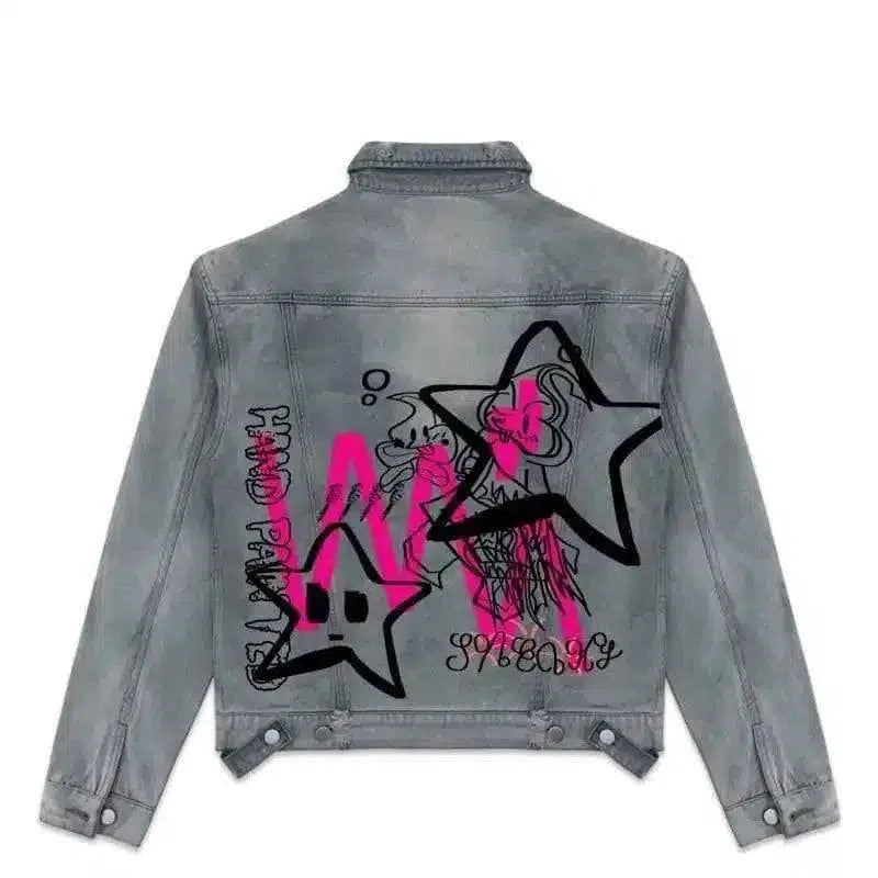 Graphic Print Denim Jacket for Casual Wear-Dark Blue-3