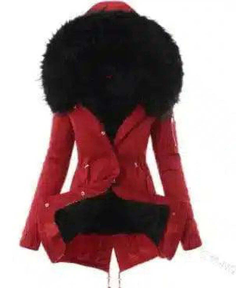 Hooded Drawstring Plush Jacket Women-Red-2