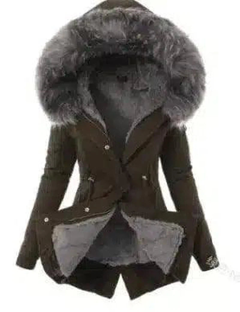 Hooded Drawstring Plush Jacket Women-Green-3