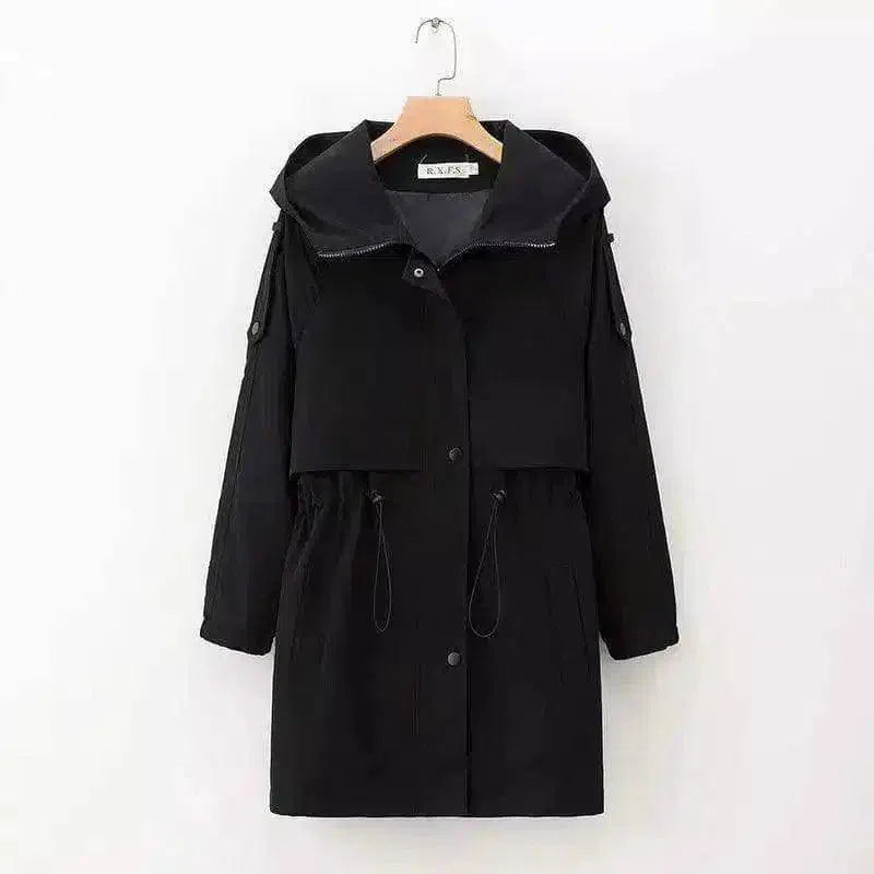 Hooded Women's Casual Jacket with Drawstring Waist-Black-1
