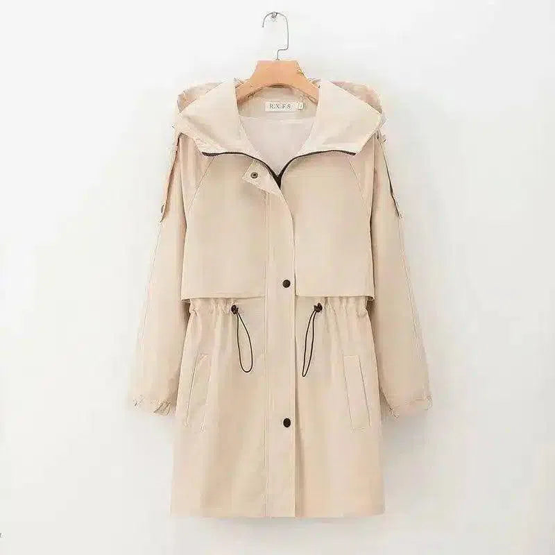 Hooded Women's Casual Jacket with Drawstring Waist-Apricot-2