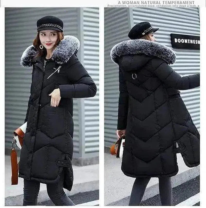Winter Hooded Long Puffer Jacket with Fur Trim-Black-2