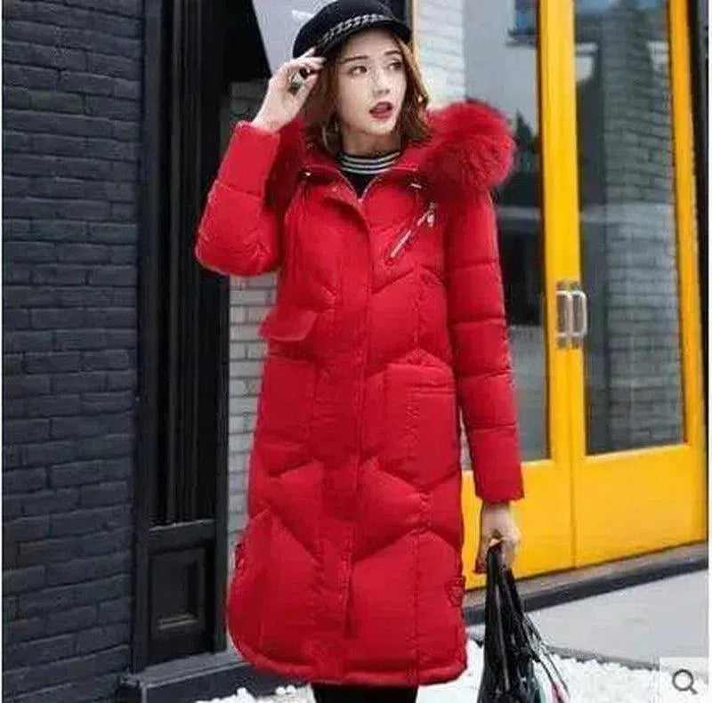 Winter Hooded Long Puffer Jacket with Fur Trim-Red with red fur-3