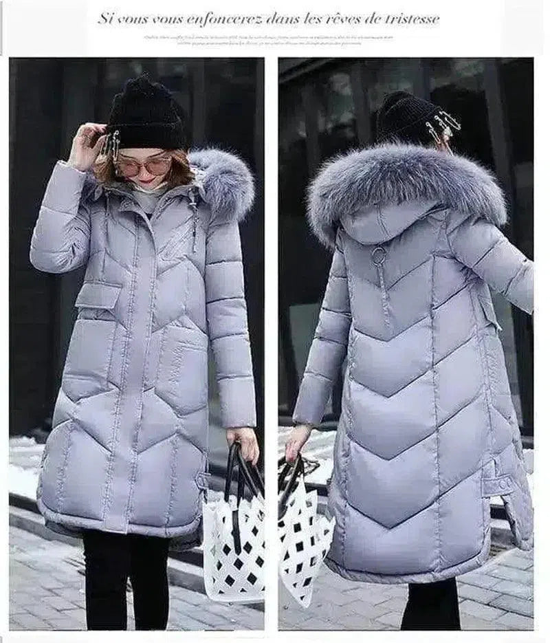 Winter Hooded Long Puffer Jacket with Fur Trim-Grey-4