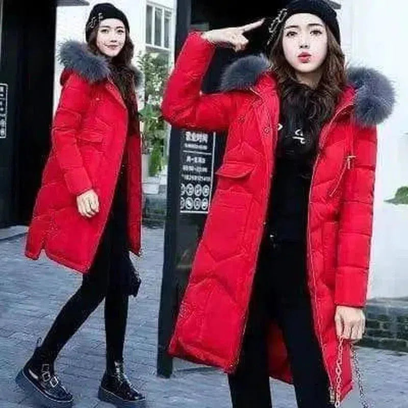 Winter Hooded Long Puffer Jacket with Fur Trim-Red grey-5