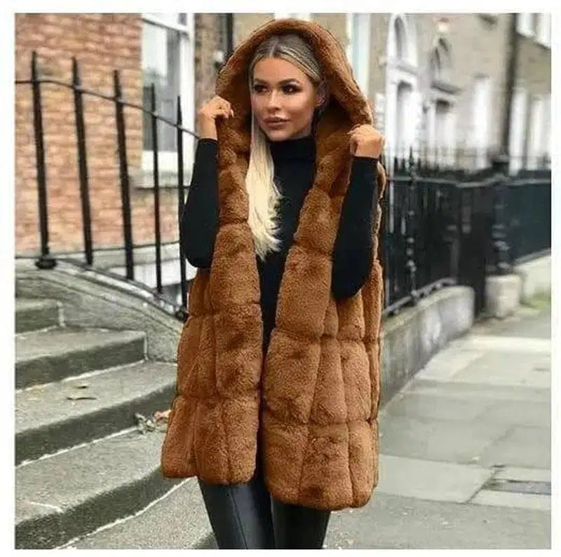 Hooded fur vest-Dark Brown-2