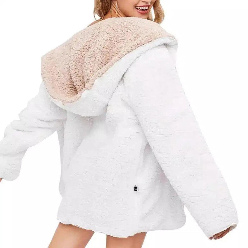 Hooded lamb fur coat loose texture female coat-White-3