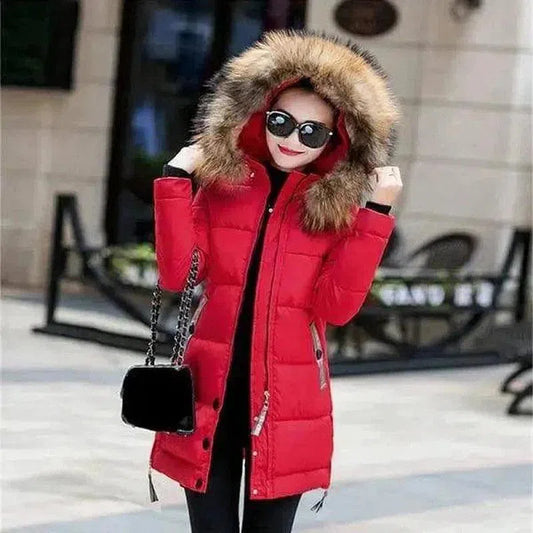 Winter Hooded Jacket with Fur Trim-Red-1