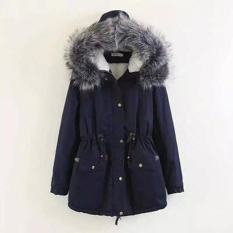 Hooded large fur collar plus fleece coat-Tibetan blue-2