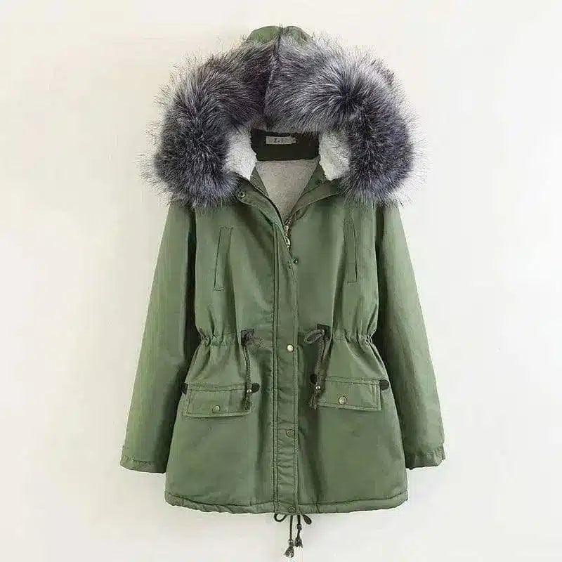 Hooded large fur collar plus fleece coat-Military Green-3