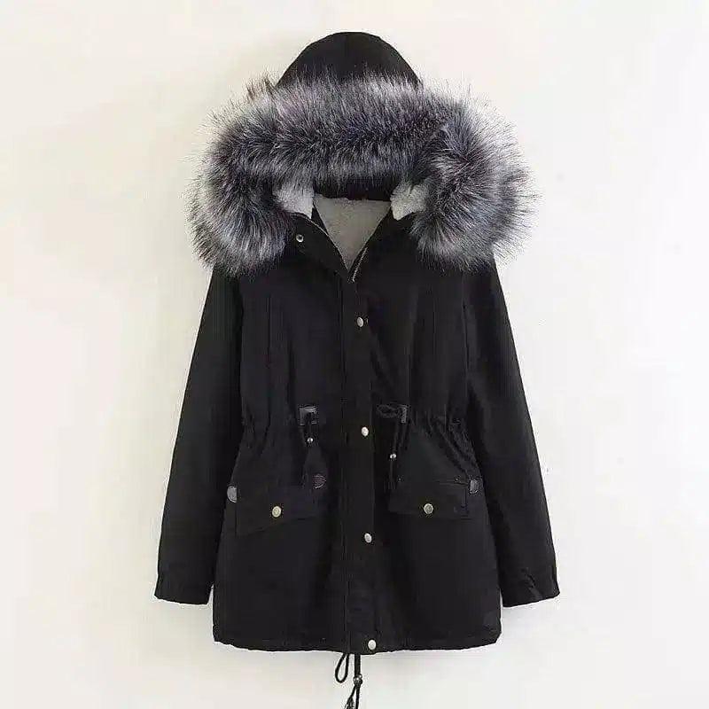 Hooded large fur collar plus fleece coat-Black-4