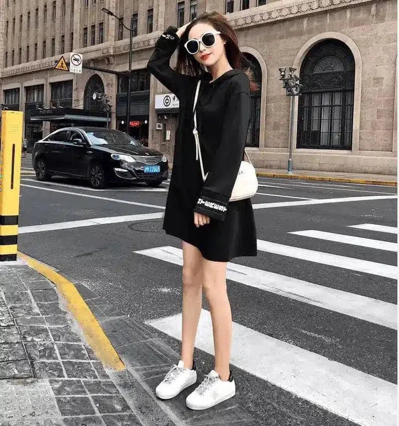 Hooded Casual Dress with Long Sleeves-Black-2