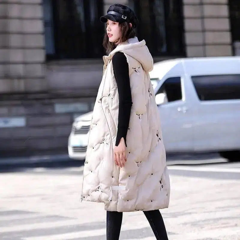 Hooded mid-length cotton vest-Beige-2