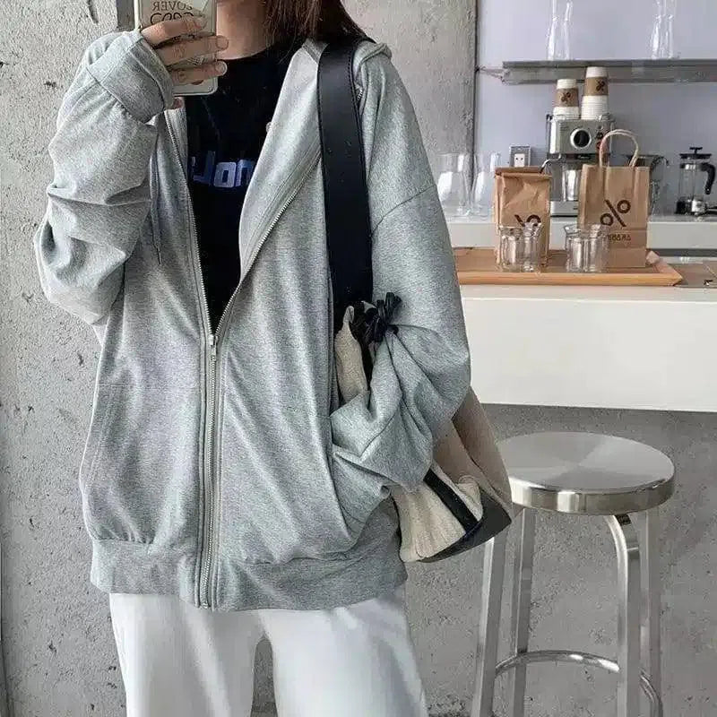 Hooded Zip-Up Casual Sweatshirt Jacket-Grey-2