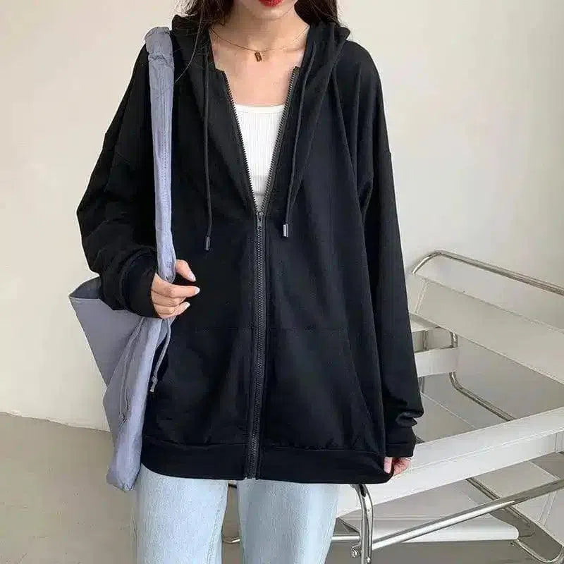 Hooded Zip-Up Casual Sweatshirt Jacket-Black-3