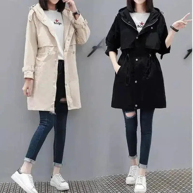 Women's Hooded Trench Coat with Drawstring Waist-1
