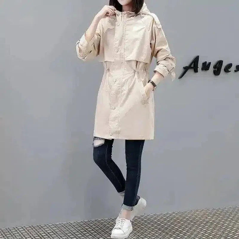 Women's Hooded Trench Coat with Drawstring Waist-Apricot-3