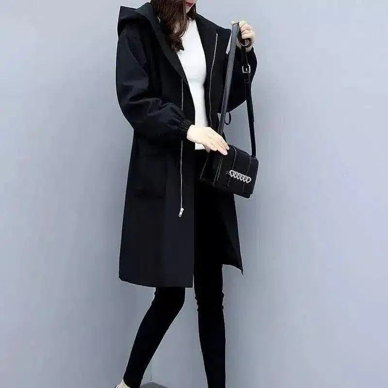 Women's Hooded Long Coat with Zip Closure-Black-2