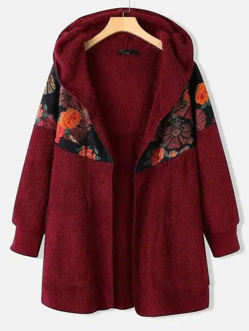 Floral Hooded Women's Fleece Jacket-Red-2