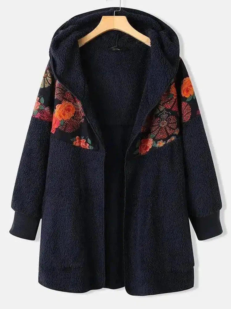 Floral Hooded Women's Fleece Jacket-Navy Blue-3