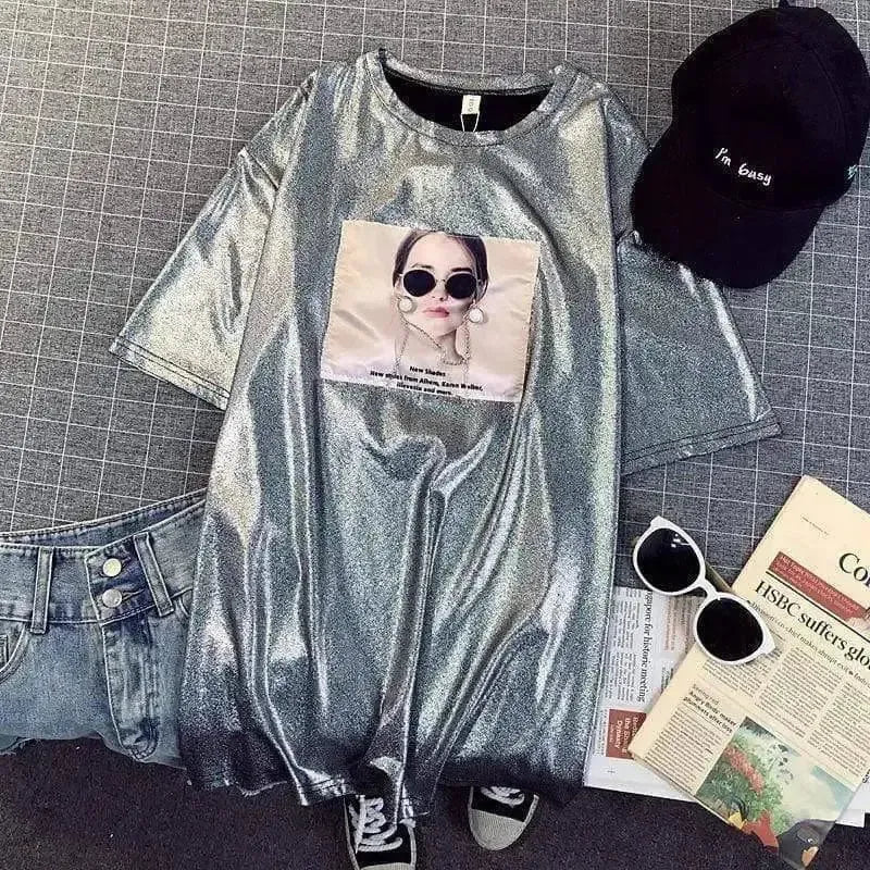 Shiny Casual Tee with Graphic Print-Black-2