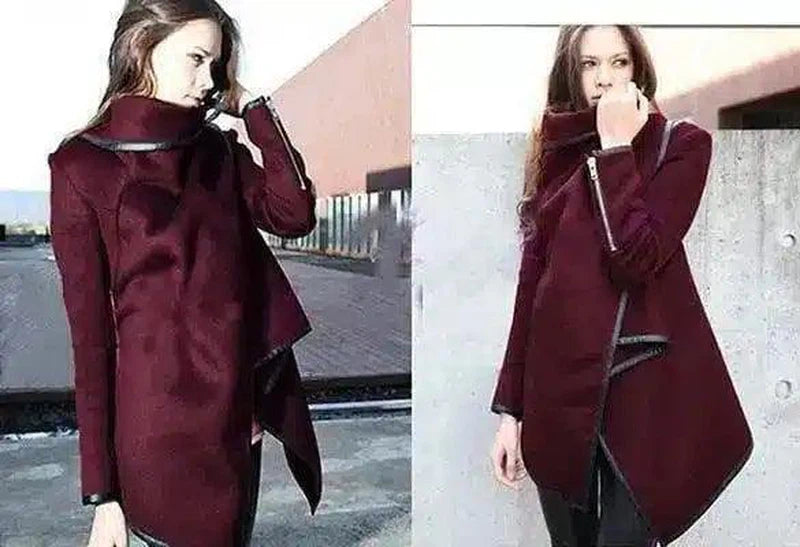 Women's Elegant Longline Coat with High Collar-Wine red-3