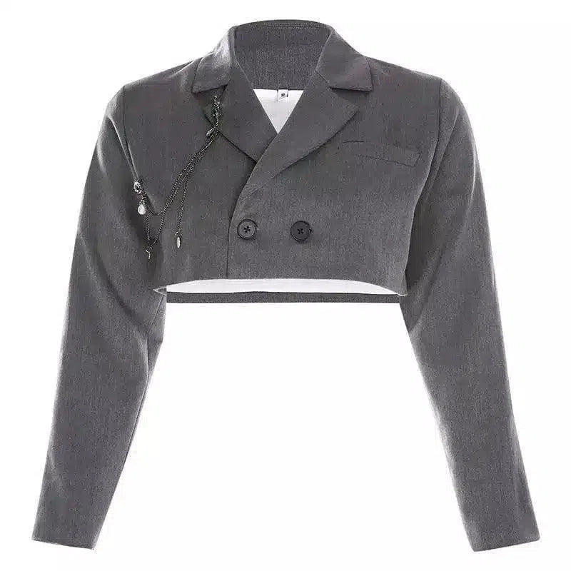 Women's Cropped Double-Breasted Jacket-Grey-2
