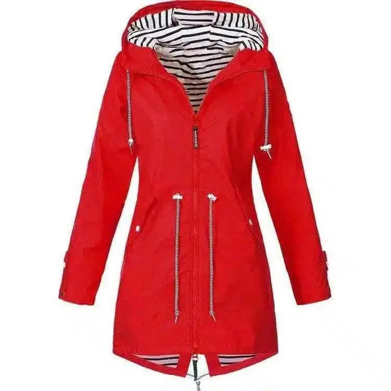 Women's Hooded Zip-Up Raincoat S-5XL-Red-2