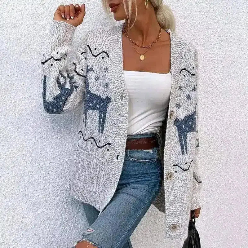 Womens Knit Cardigan with Button Closure-Light Grey-3