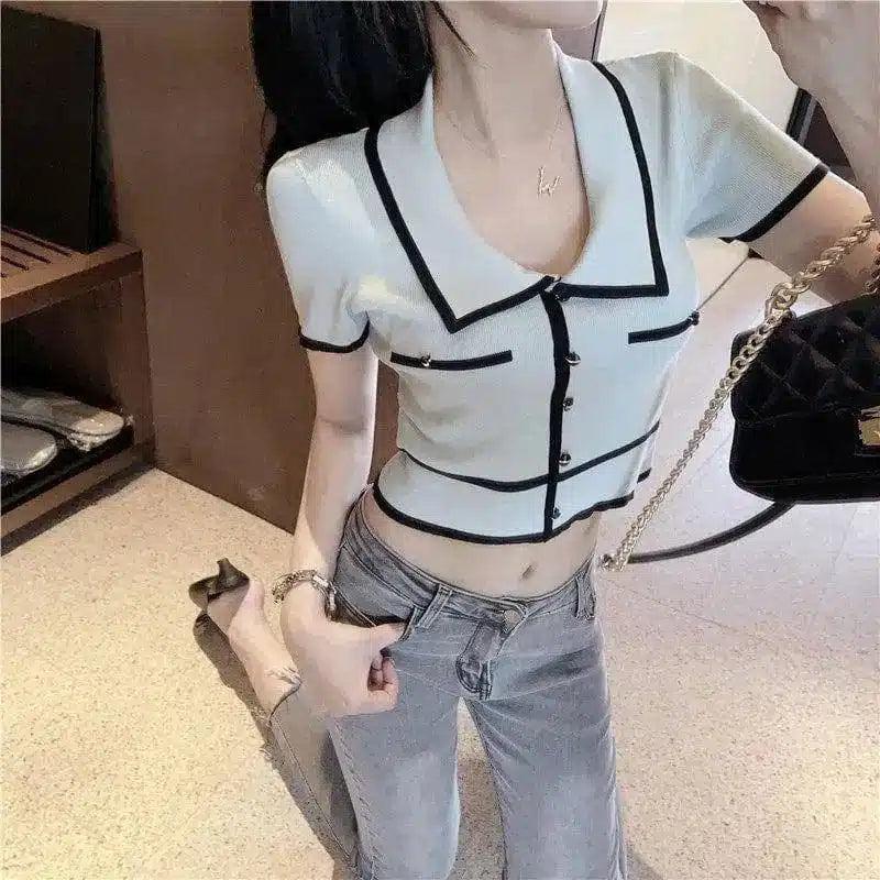 Stylish Women's Short Sleeve Crop Top-White-2