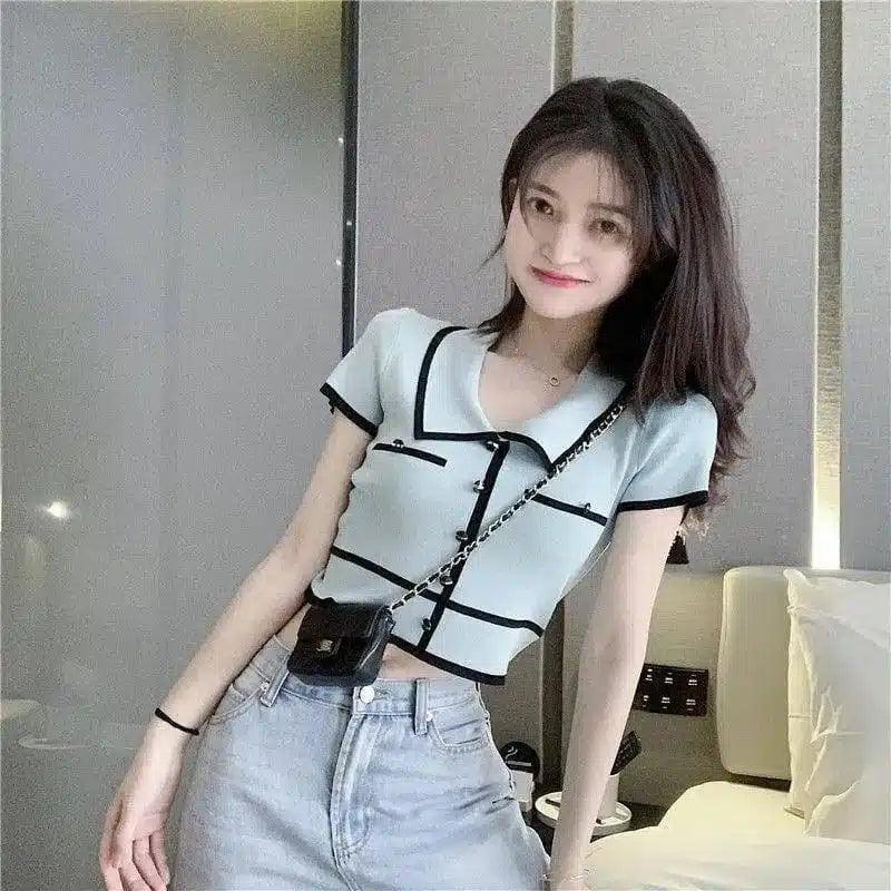 Stylish Women's Short Sleeve Crop Top-Blue-3