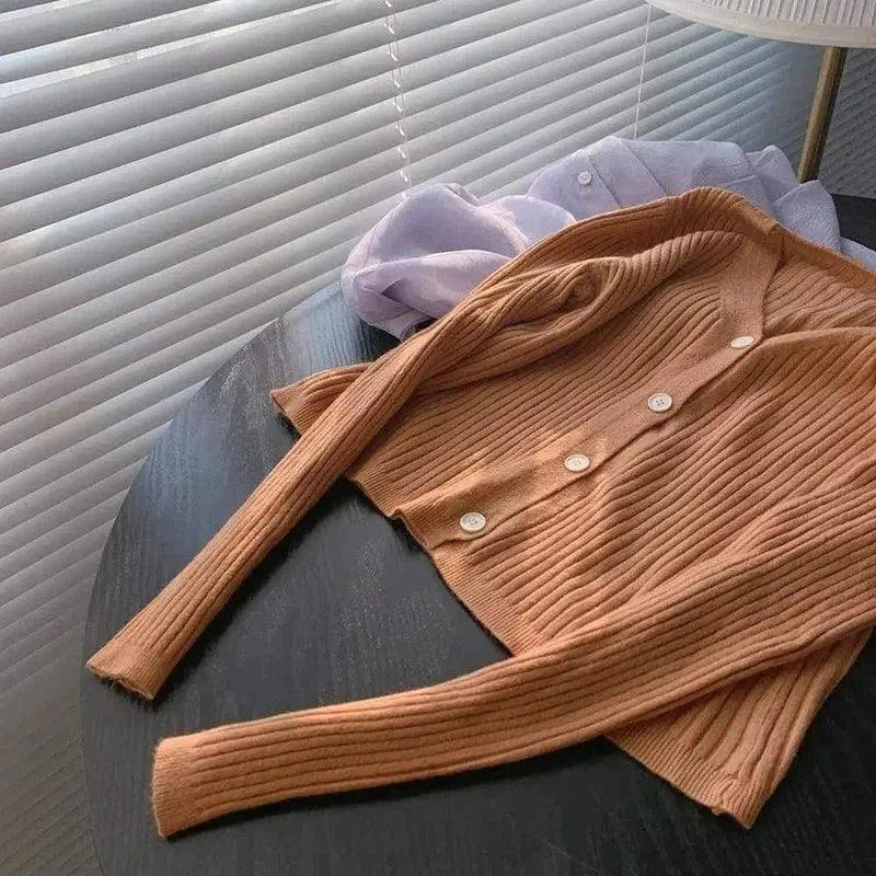 Cozy Ribbed Knit Cardigan with Button Detail-Light orange-2