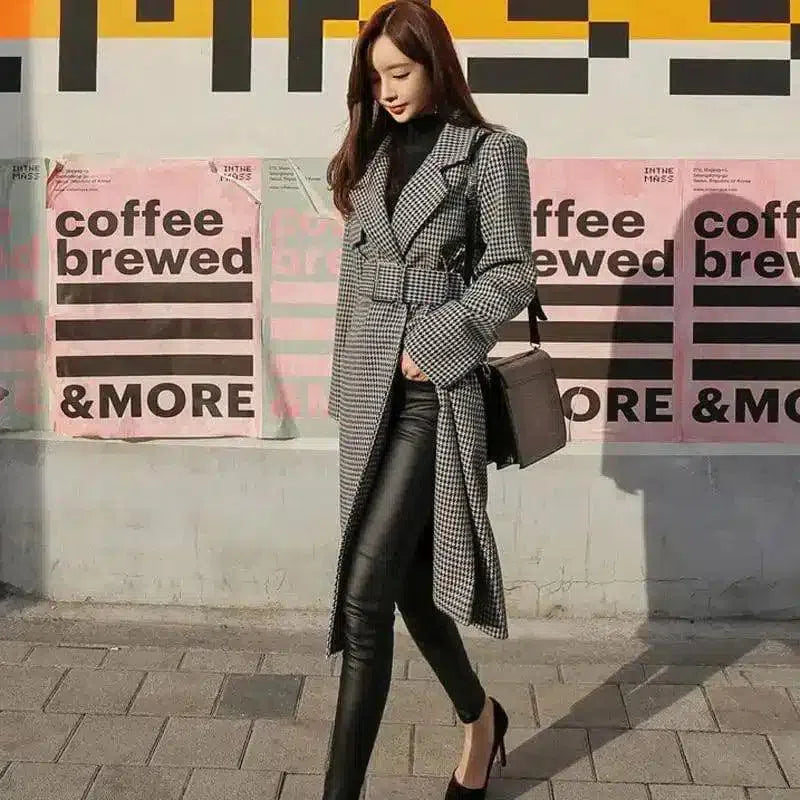 Woman's Houndstooth Belted Coat & Faux Leather Pants-1