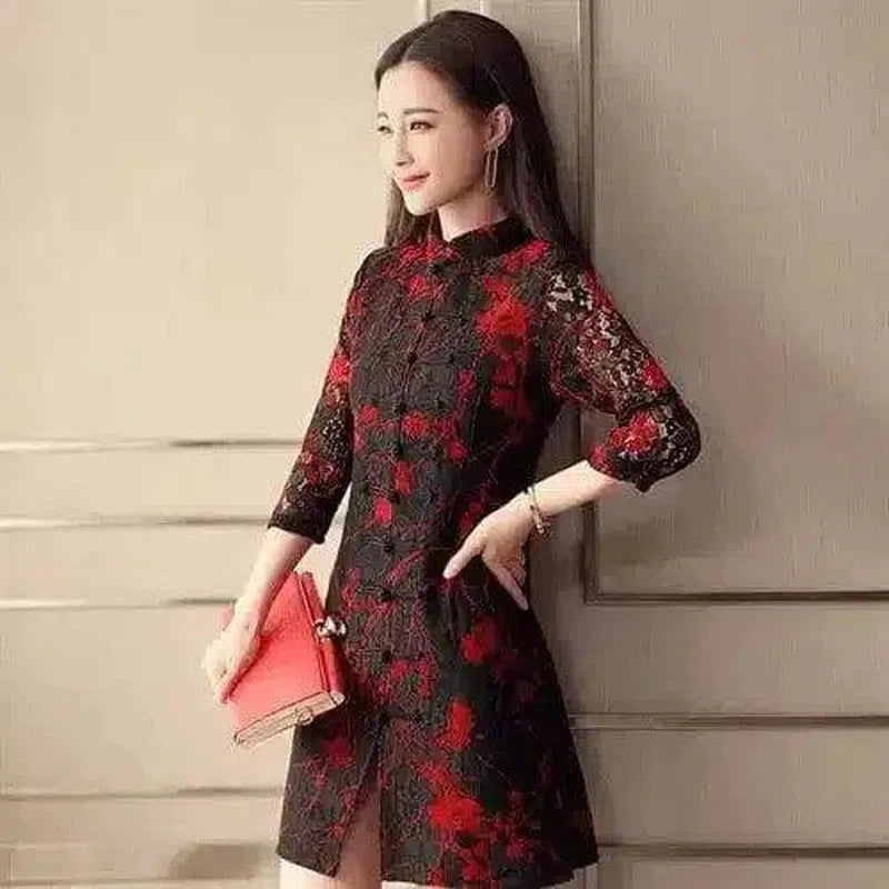 Traditional Floral Women's Cheongsam Dress-Black-2