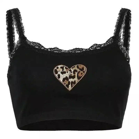 Lace Trimmed Crop Top with Heart Design-Black-1