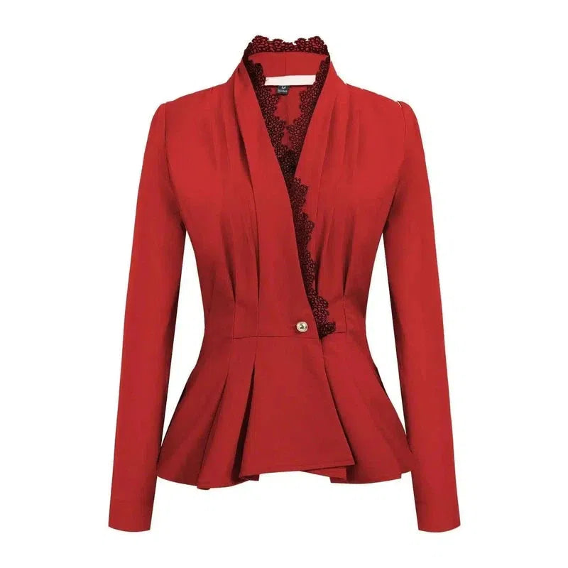 Women's Lace Trim Blazer Jacket-Red-1