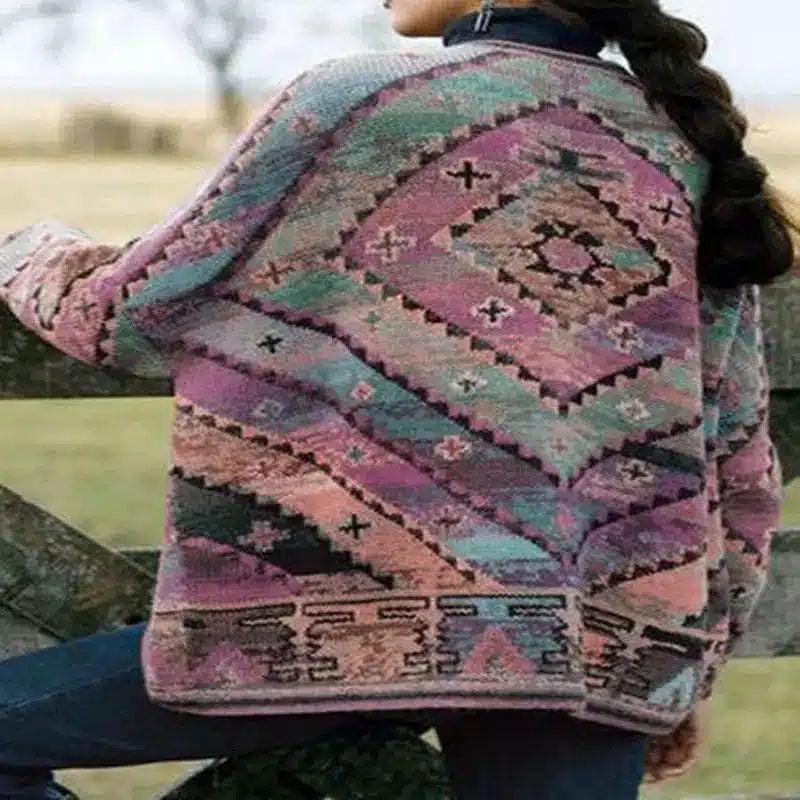 Ladies Cropped Printed Top Long Sleeve Woolen Coat-Purple-2